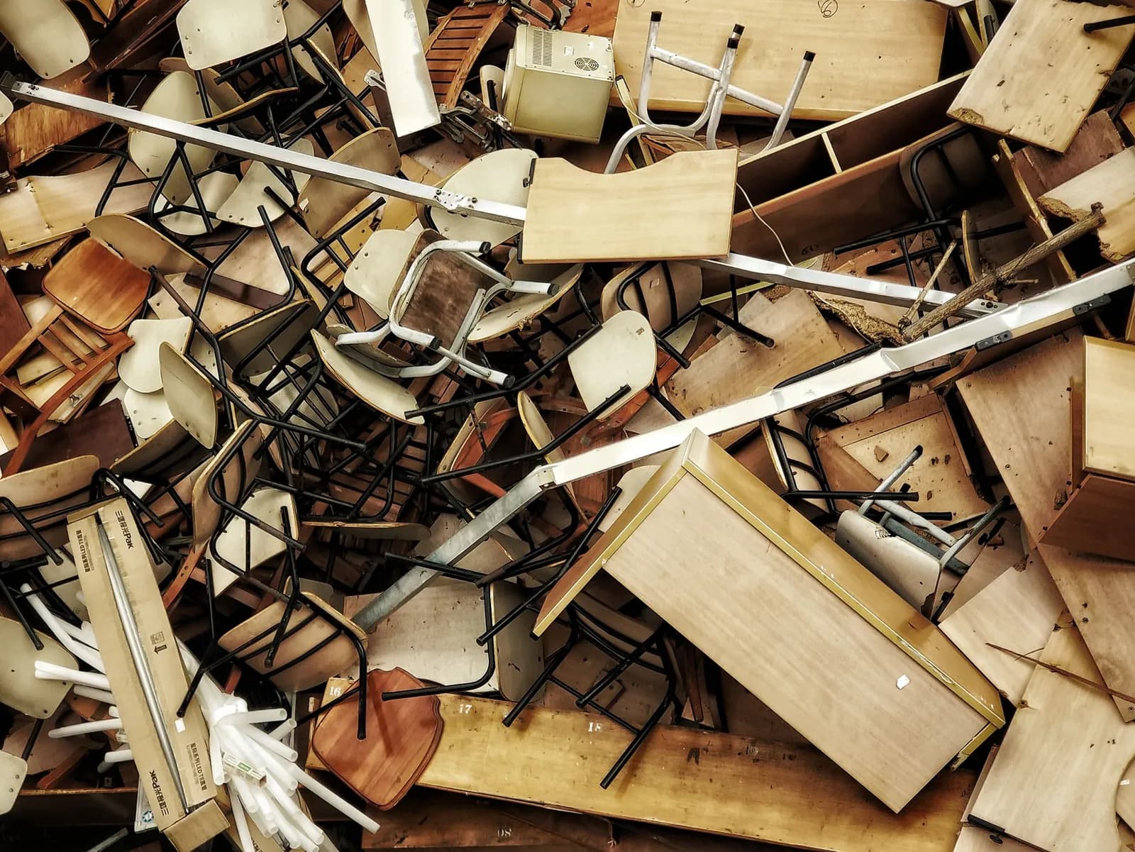 A big pile of broken chairs and desks seen from above