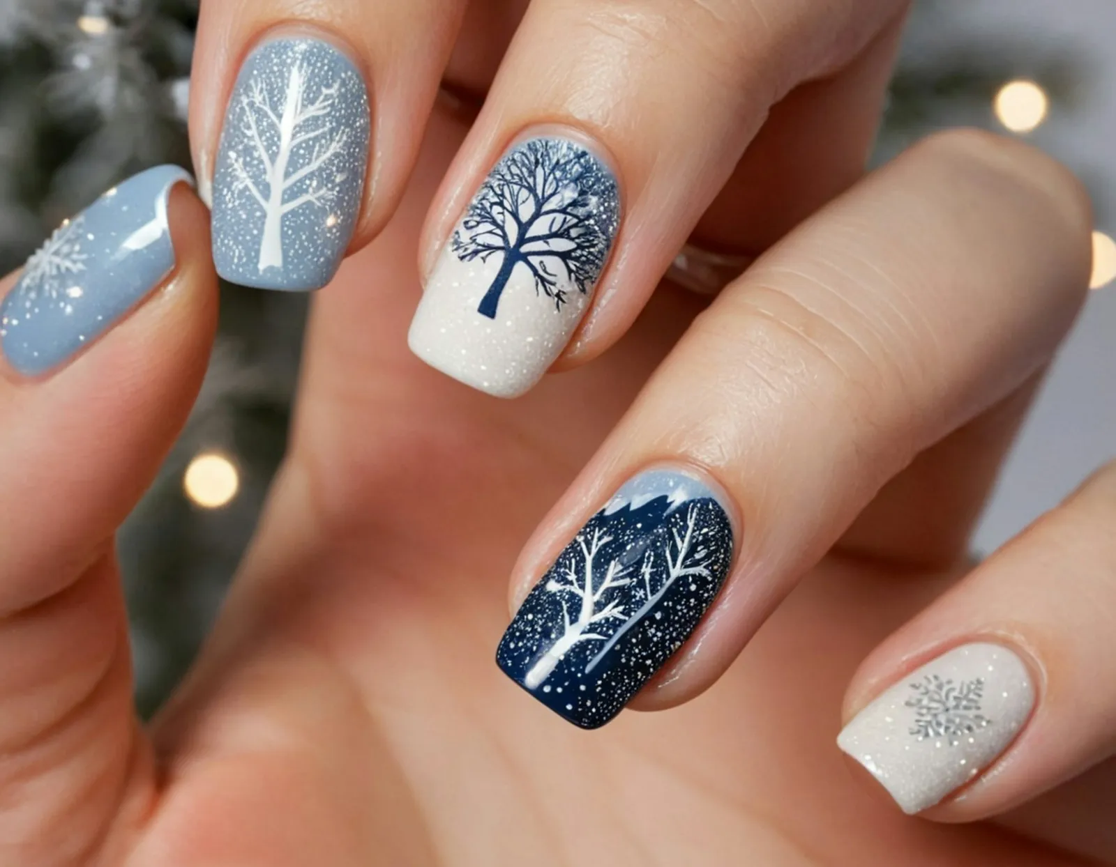 Winter nail art with white and navy trees