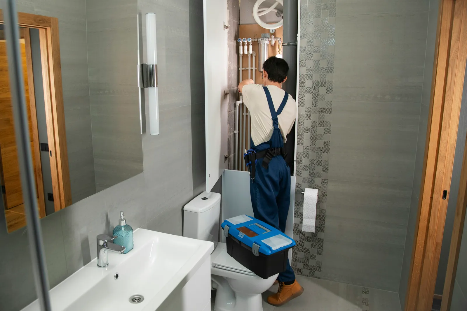 A plumber in overalls works on the pipes in a bathroom wall