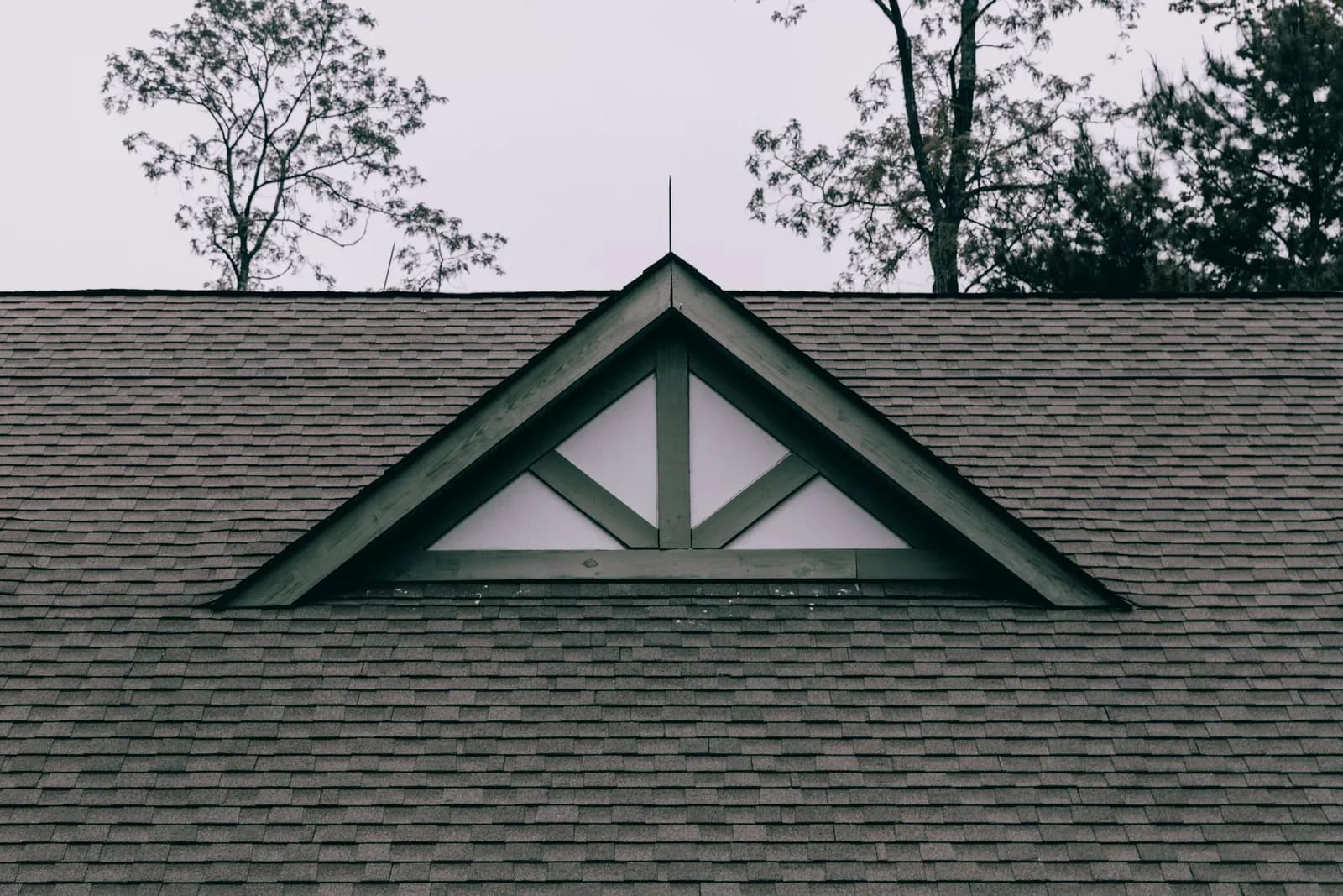 A shingle roof with a small peaked window in the middle